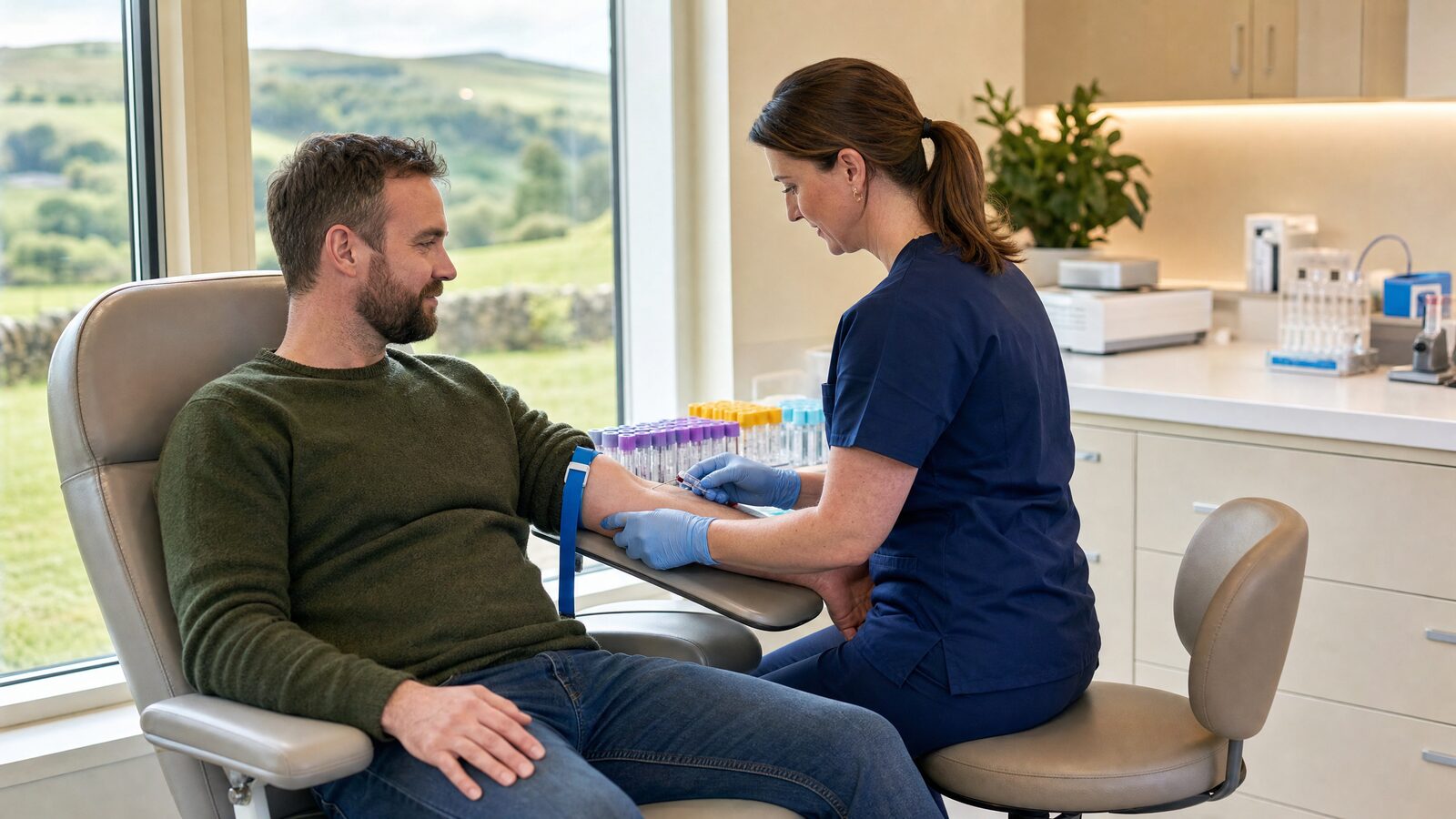 A phlebotomist drawing blood for a comprehensive longevity screening panel in a bright, modern Irish clinic