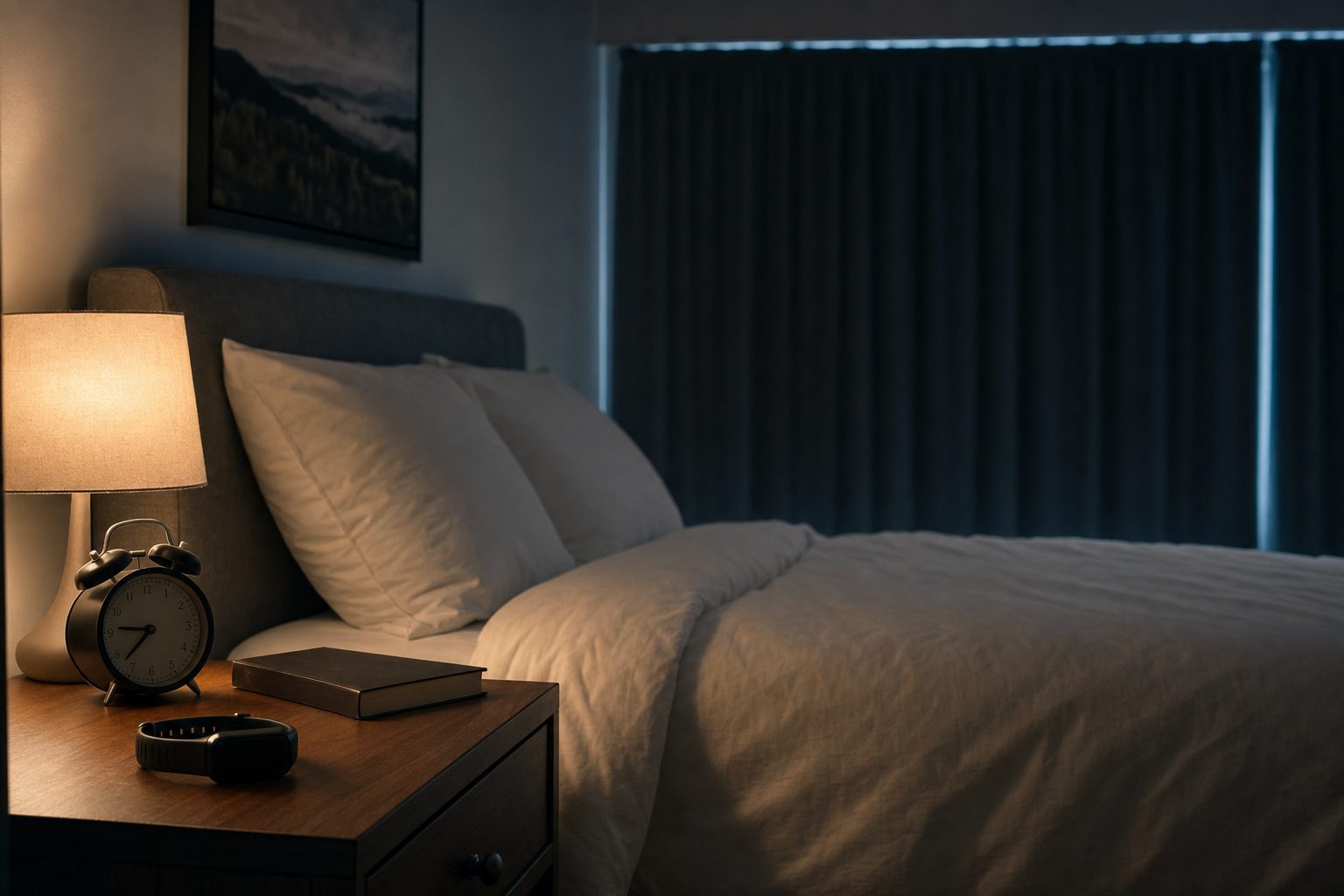 A calm darkened bedroom at night with a bedside lamp, an analogue alarm clock and a fitness tracker resting on the table