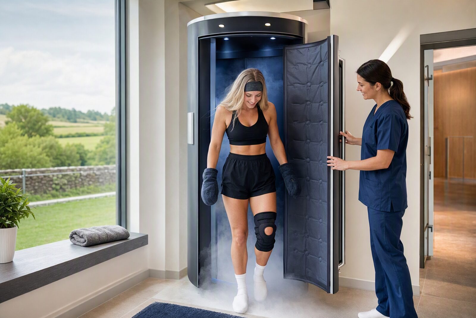 A patient with knee discomfort stepping out of a modern whole-body cryotherapy chamber in a bright Irish wellness clinic