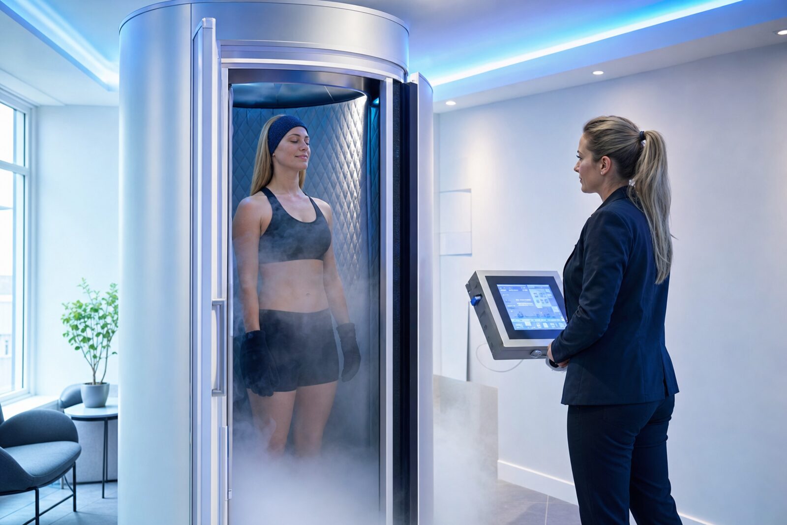 A modern whole-body cryotherapy chamber releasing cold vapour in a bright Irish wellness clinic