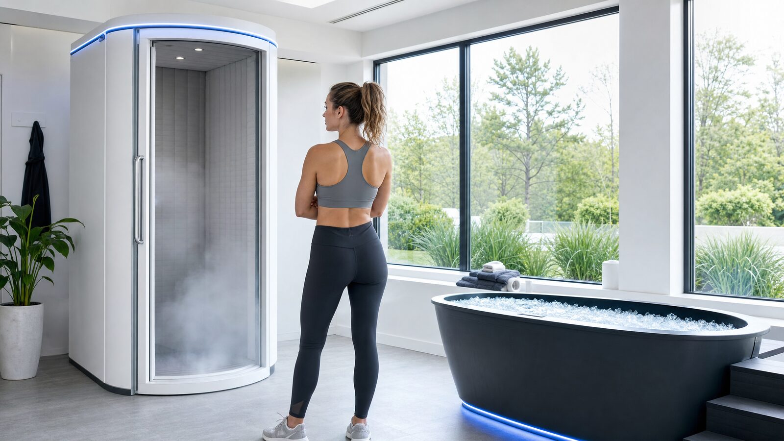 A split view comparing a whole-body cryotherapy chamber with cold vapour and an ice bath filled with cold water and ice