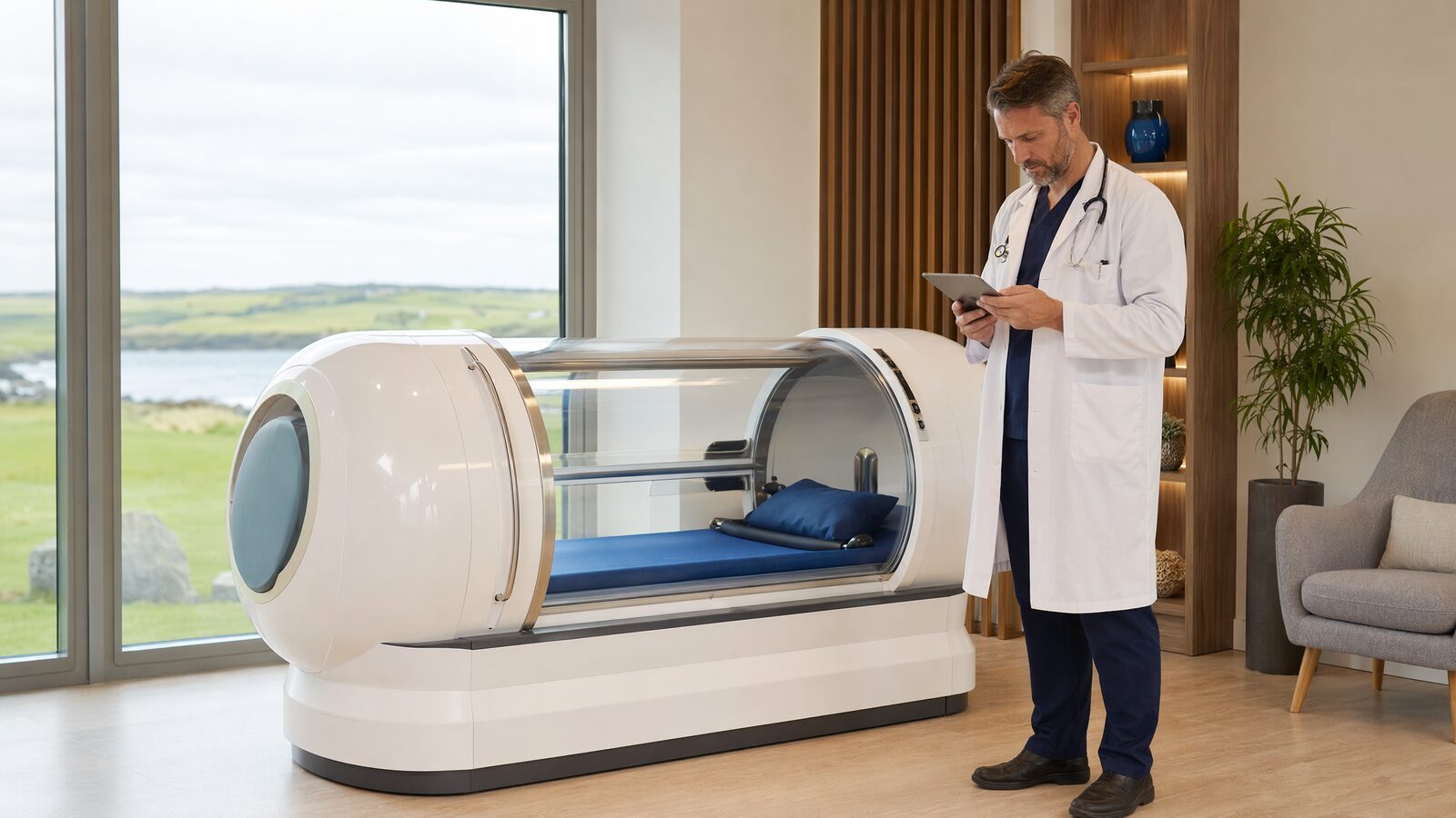 A single-person hyperbaric oxygen chamber in a modern Irish clinic with a doctor reviewing a chart nearby
