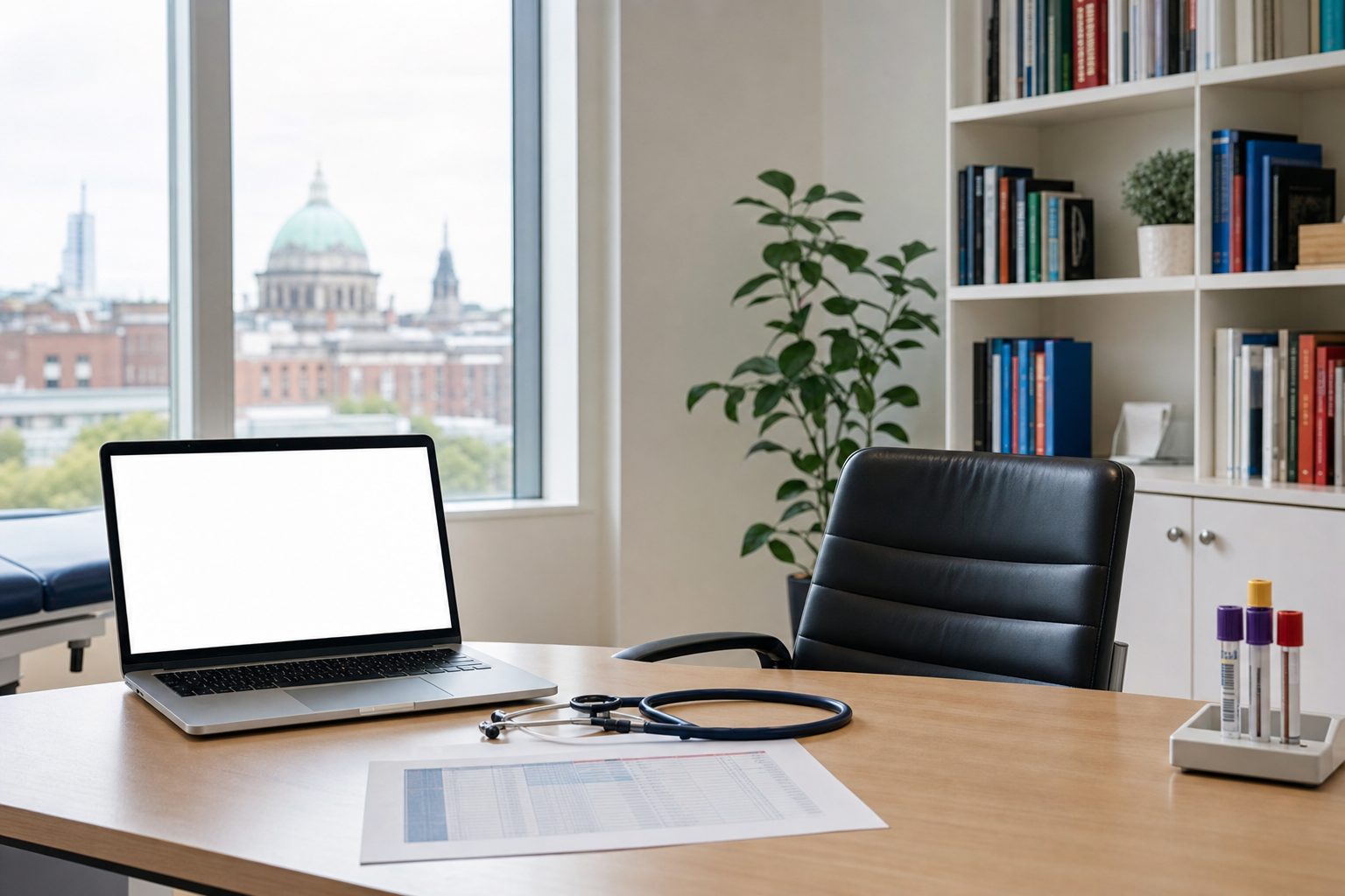 A bright private consulting room in an Irish clinic with a desk, stethoscope, printed blood panel results and sample tubes beside a window