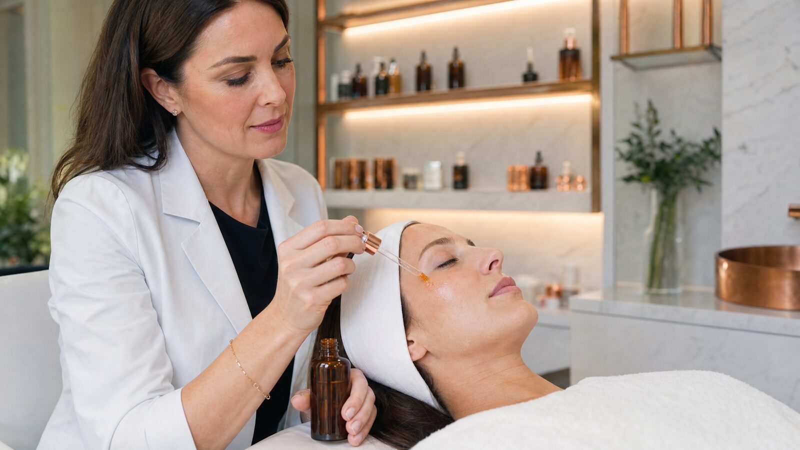 Dermatologist applying a copper-toned peptide serum to a patient in a modern Irish skincare clinic