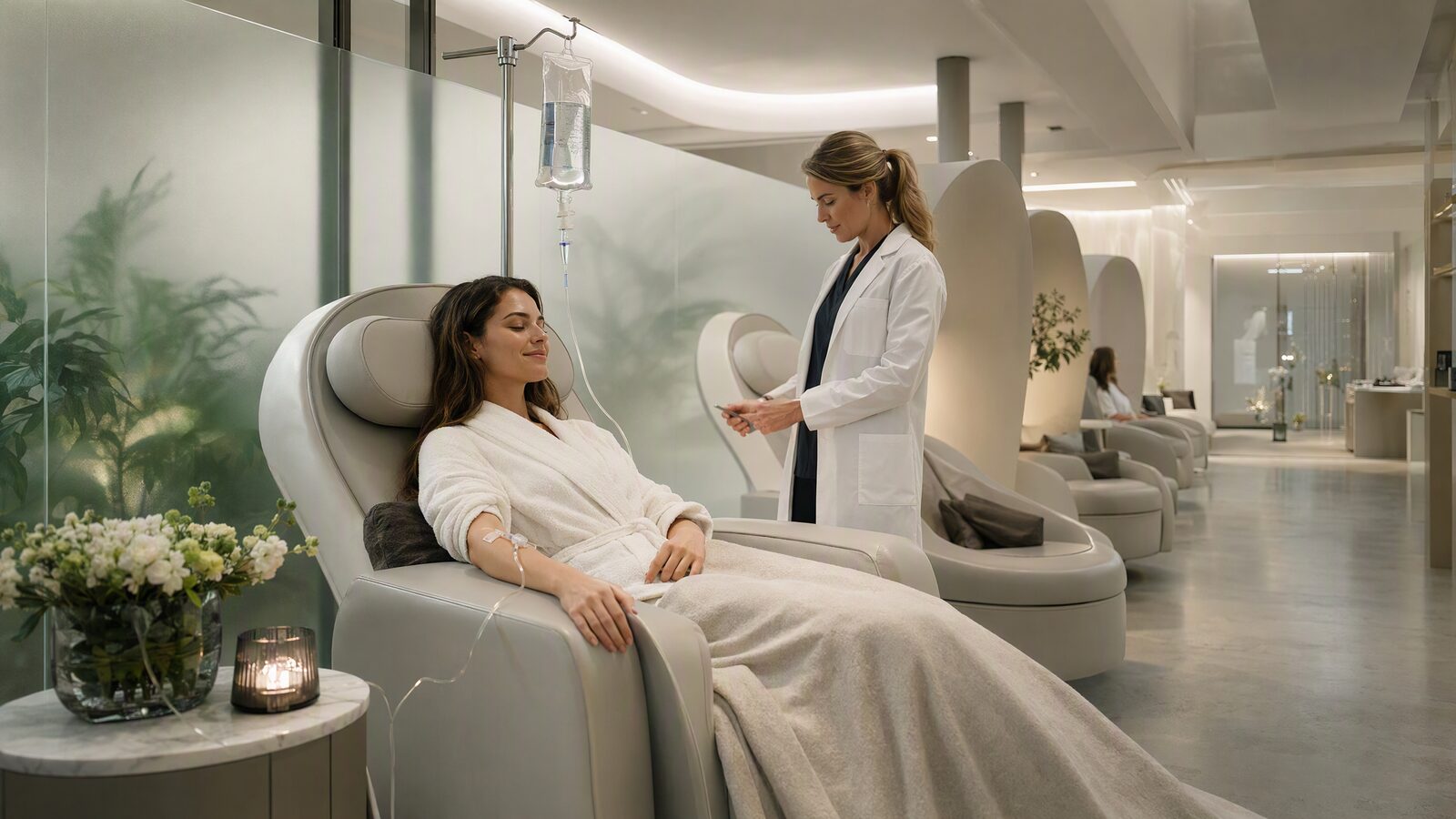 A clear IV drip bag containing glutathione solution in a bright clinical treatment room