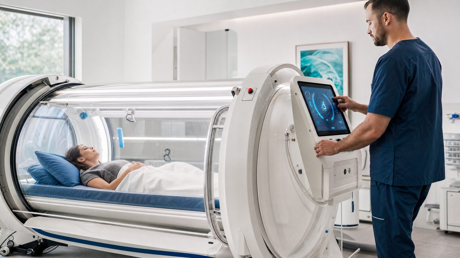 A patient inside a hyperbaric oxygen therapy chamber at a modern wellness clinic in Belfast