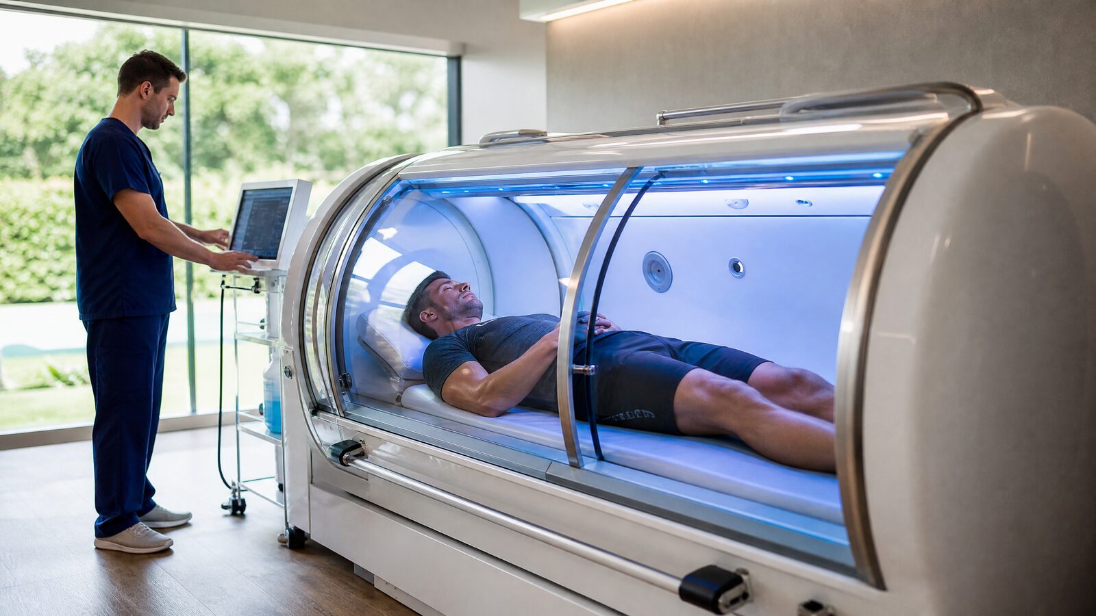 An athlete inside a hyperbaric oxygen therapy chamber in a modern Irish wellness clinic
