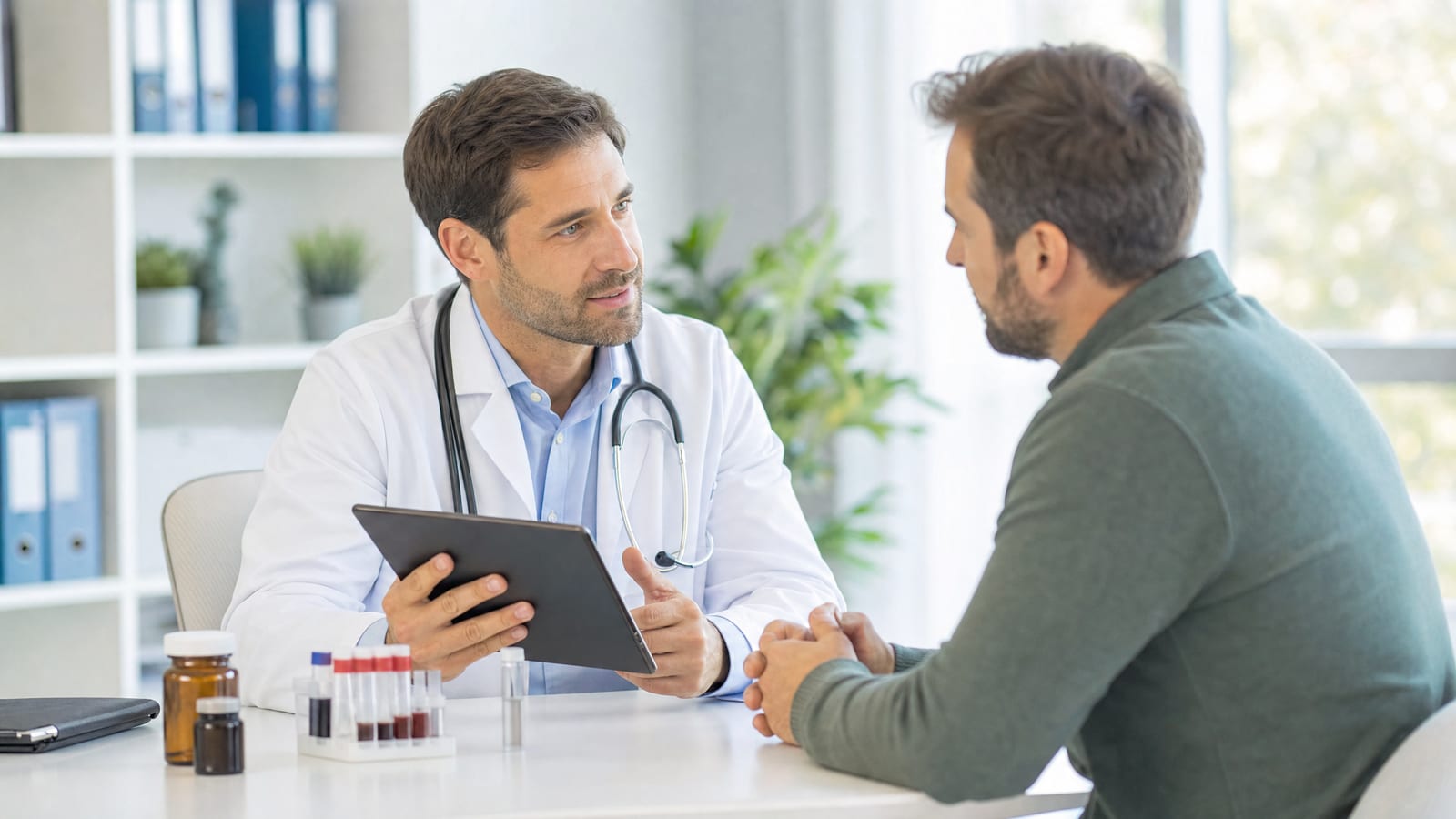 A doctor discussing testosterone therapy with a male patient, blood-test vials on the desk