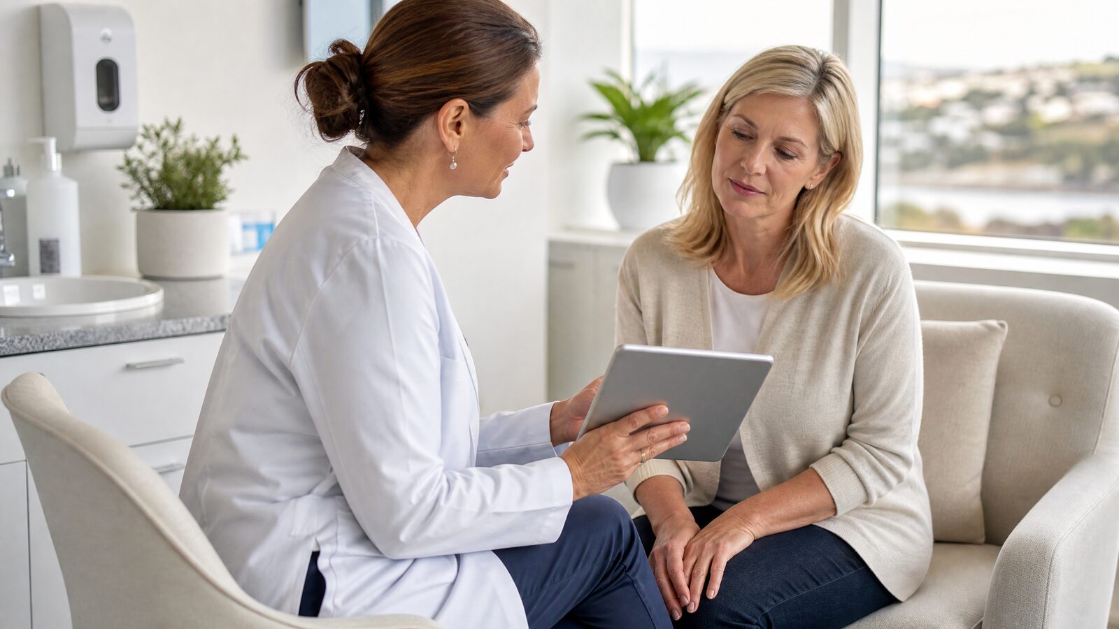 Woman consulting with a doctor about HRT options in a modern Irish clinic