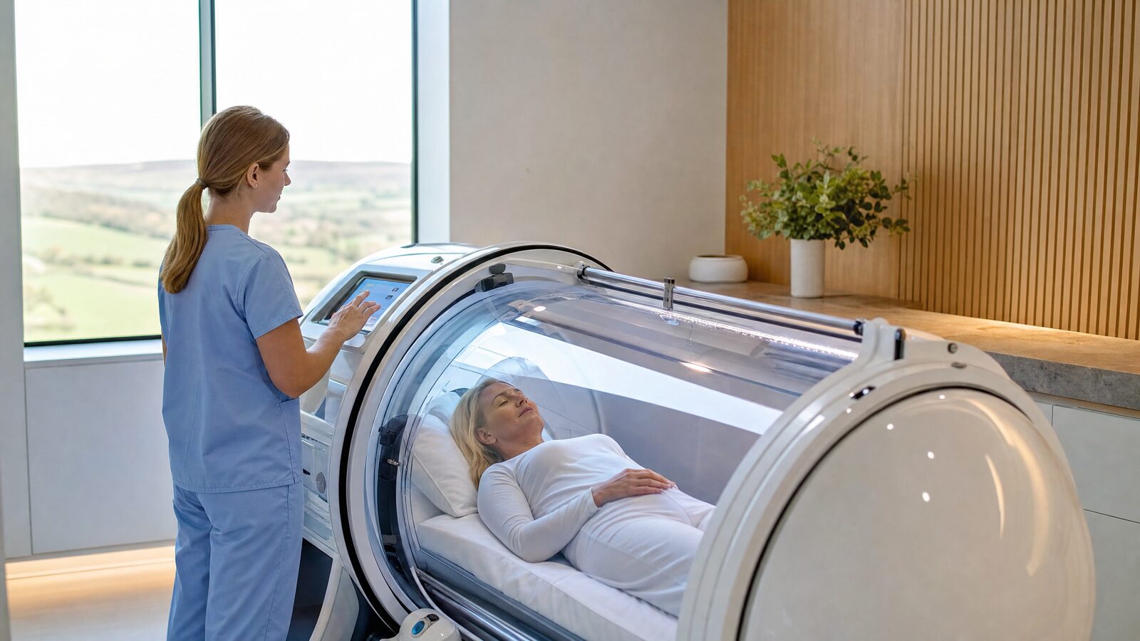 A patient resting inside a modern hyperbaric oxygen chamber while a nurse monitors the control panel in a bright Irish clinic