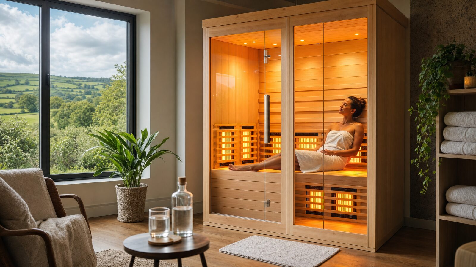 Person relaxing in a modern infrared sauna cabin with warm amber glow in an Irish wellness centre