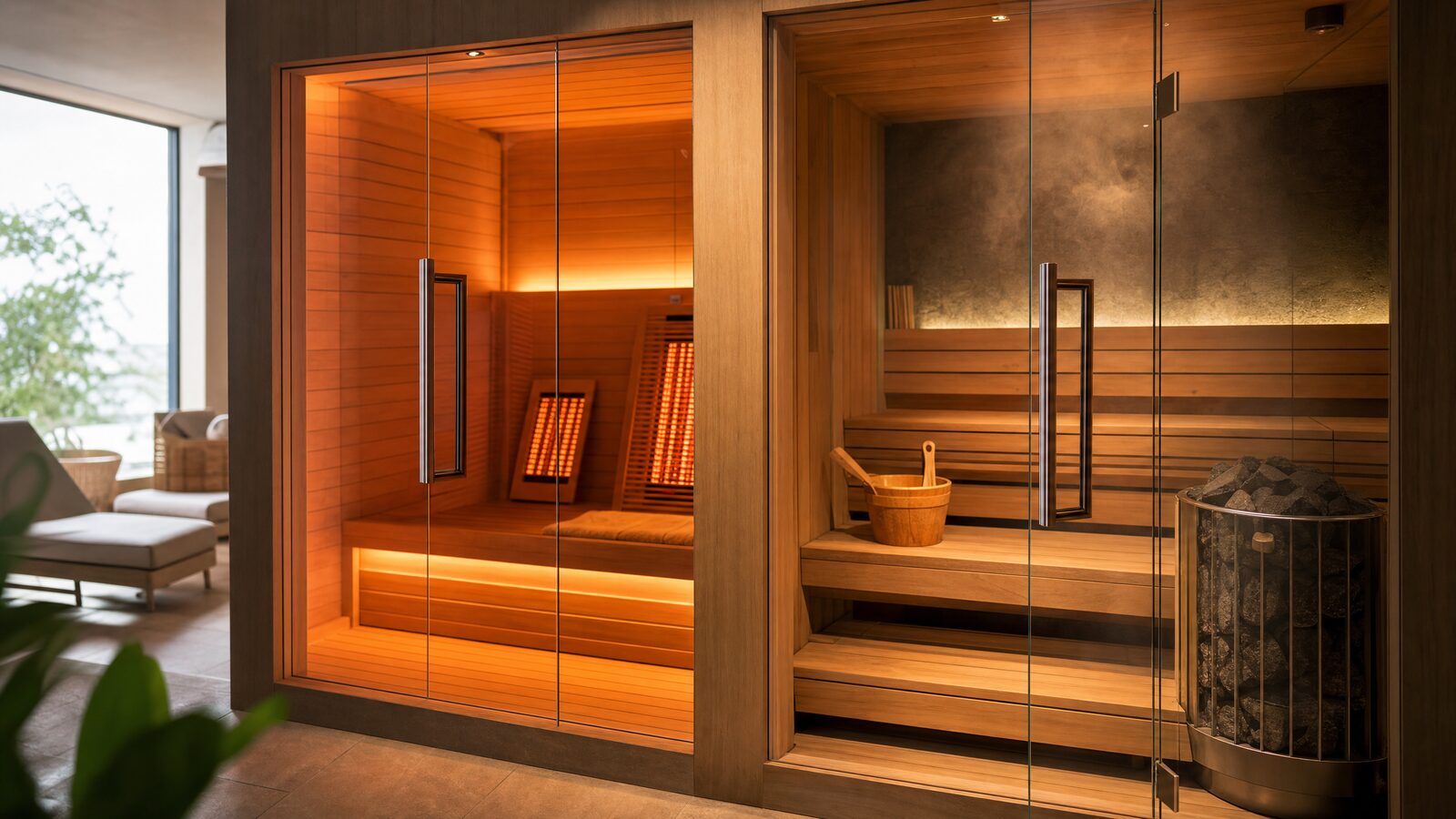 A modern glass-fronted infrared sauna cabin beside a traditional wood-lined Finnish sauna with heated rocks in an Irish spa setting