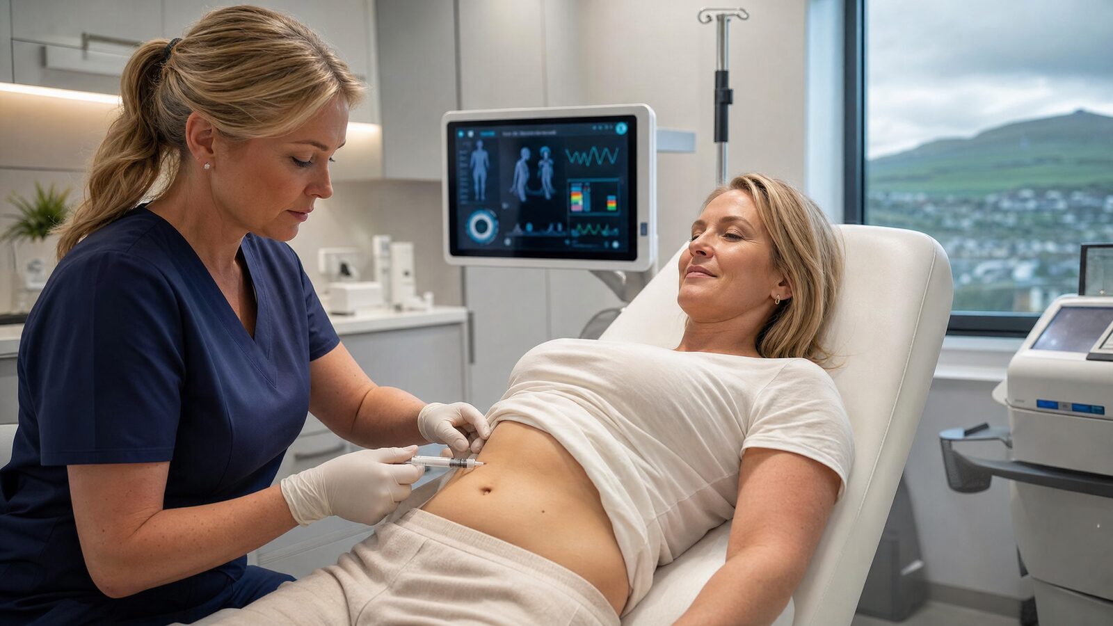Medical professional administering a subcutaneous peptide injection in a modern Irish anti-aging clinic