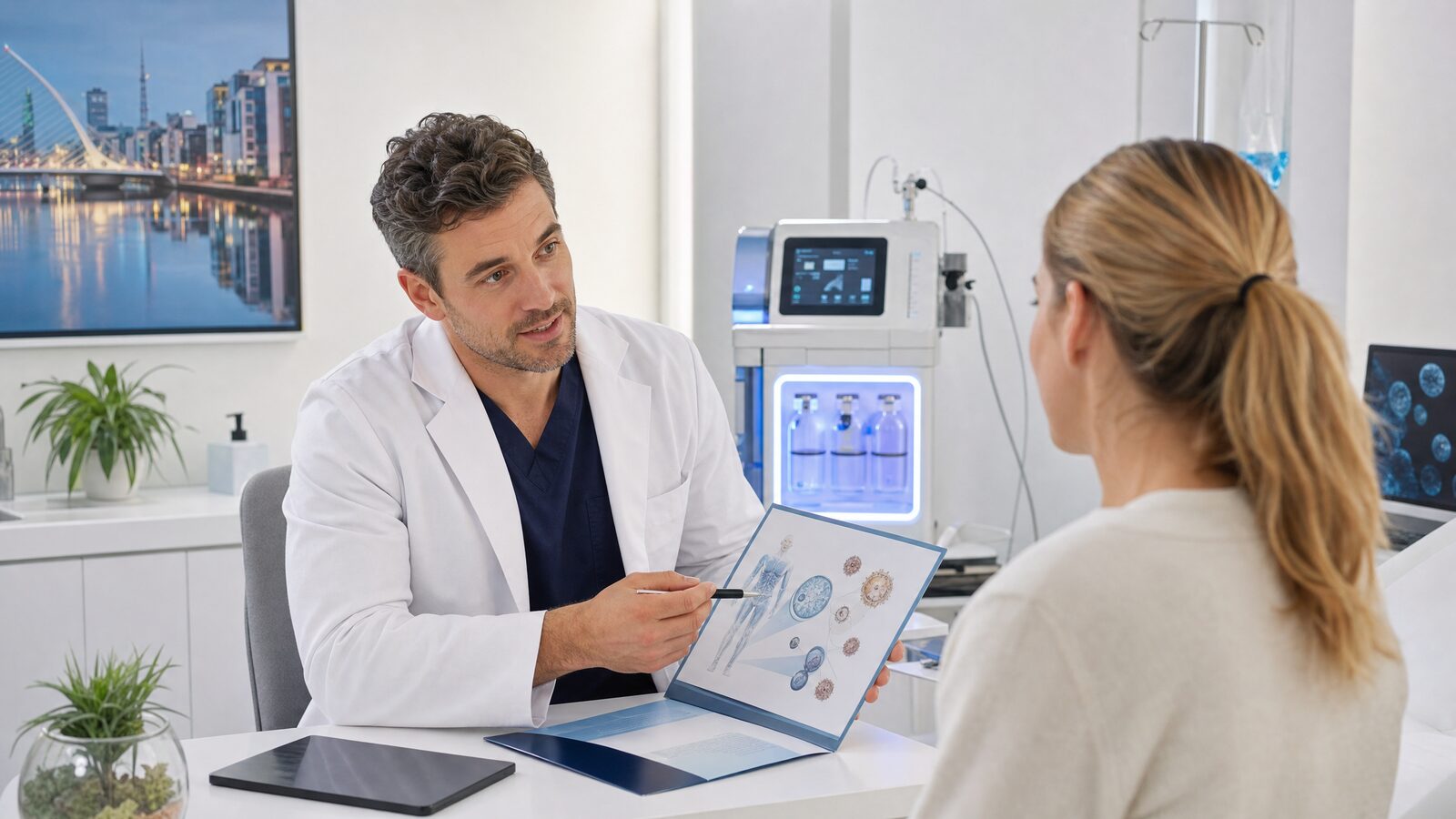 Medical practitioner consulting with a patient about ozone therapy in a bright modern clinic