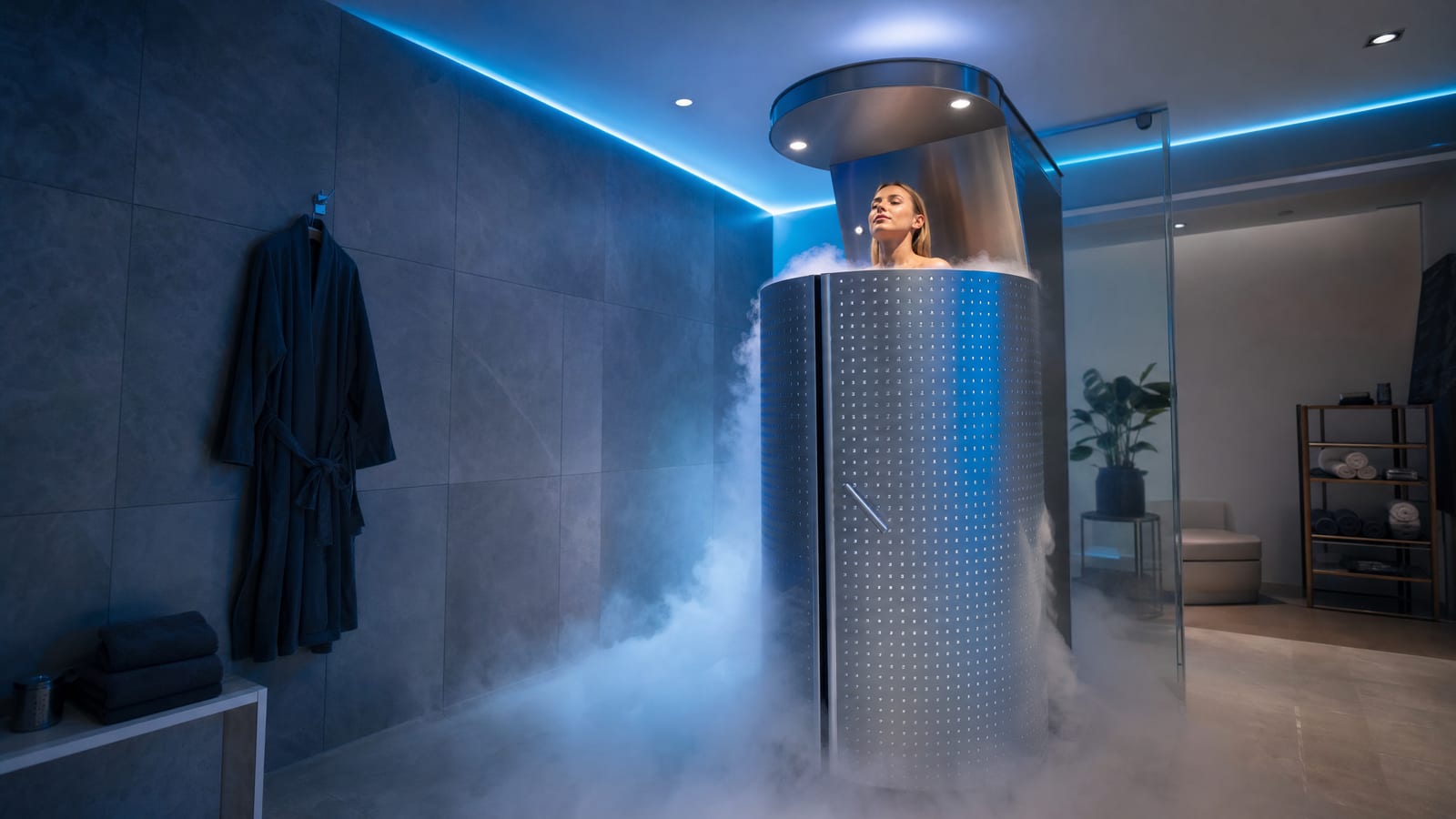 A woman inside a whole-body cryotherapy chamber surrounded by cold vapour