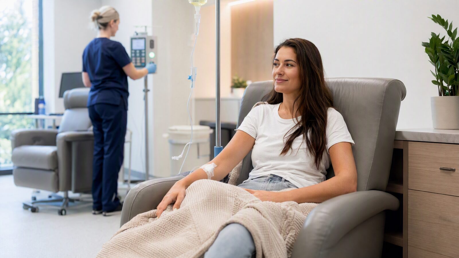A patient receiving an IV vitamin drip in a modern Cork wellness clinic