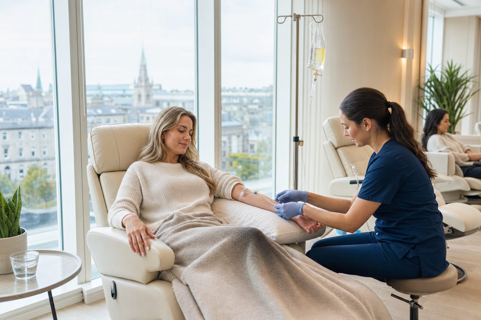 A patient relaxing in a recliner receiving an IV vitamin drip infusion in a bright, modern Dublin wellness clinic