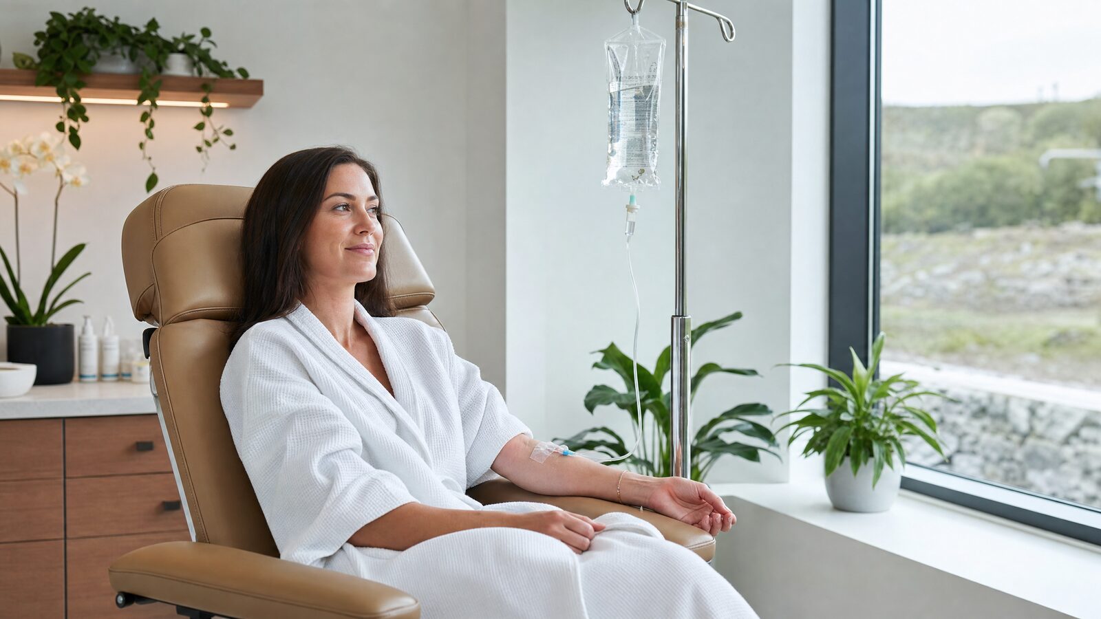 A patient seated comfortably in a clinic chair receiving an IV vitamin drip infusion