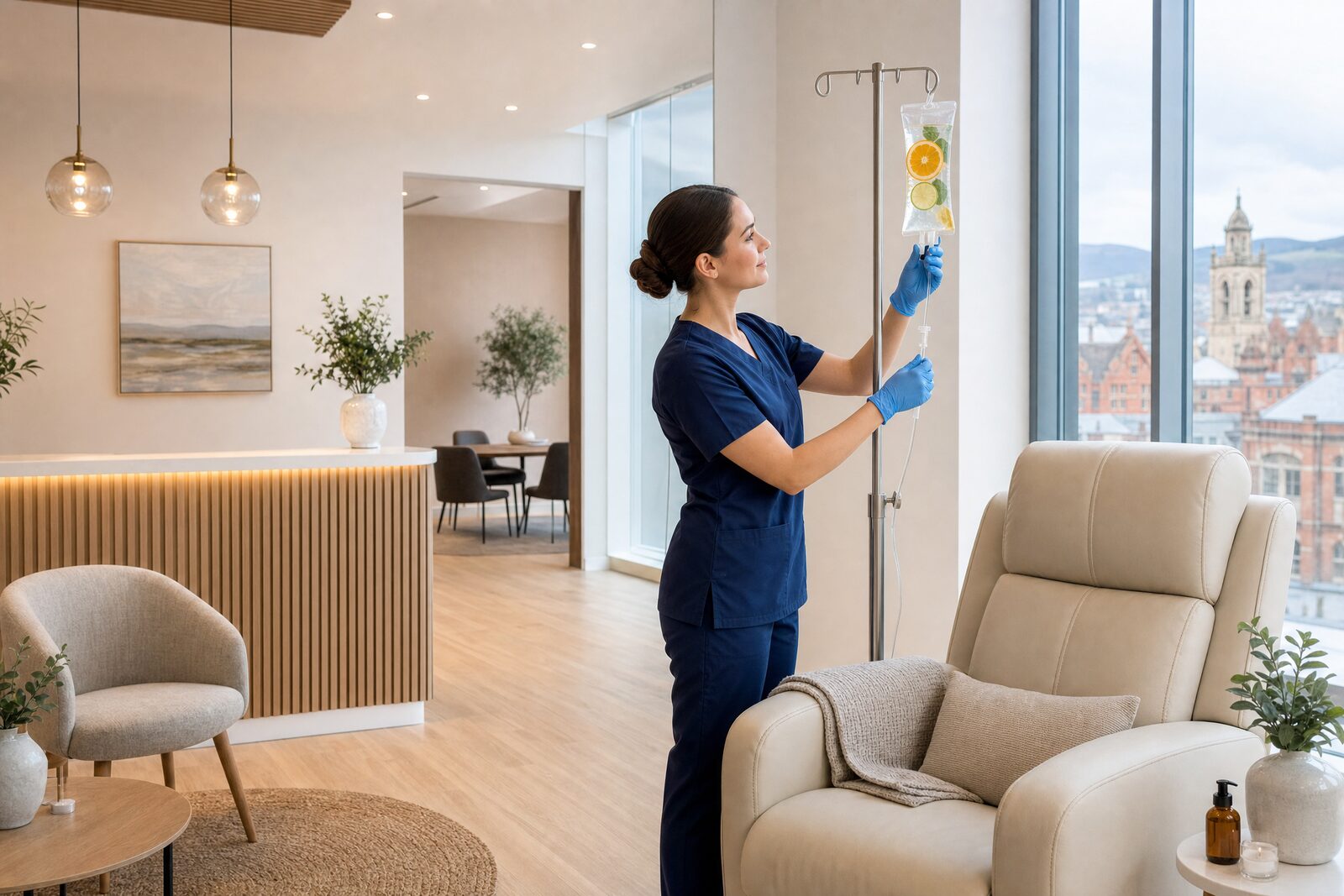 A bright, modern private wellness clinic reception in Belfast city centre