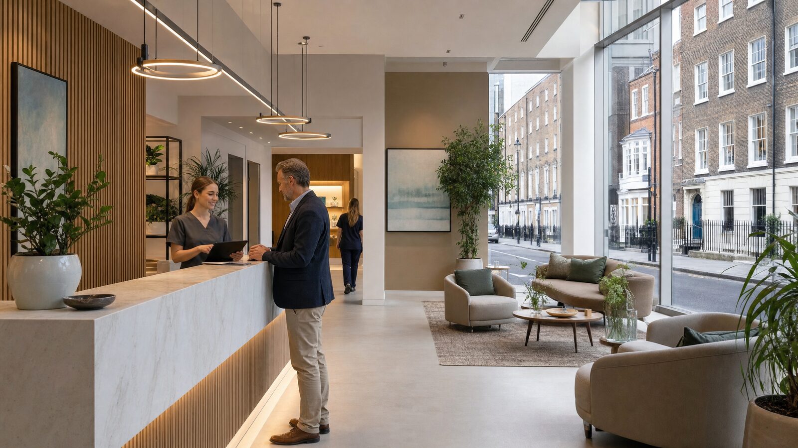 A modern longevity clinic consultation room in Dublin with medical equipment and warm lighting