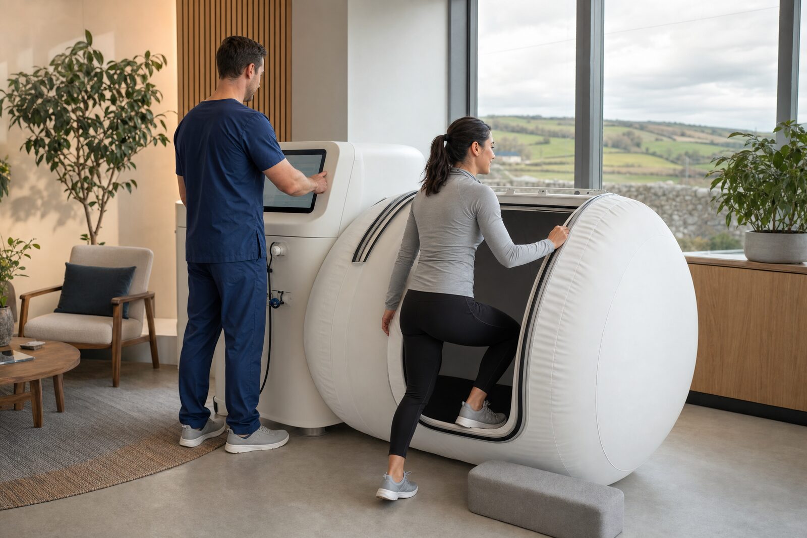 A patient entering a soft-shell hyperbaric oxygen chamber in a bright Irish wellness clinic while a technician checks the controls