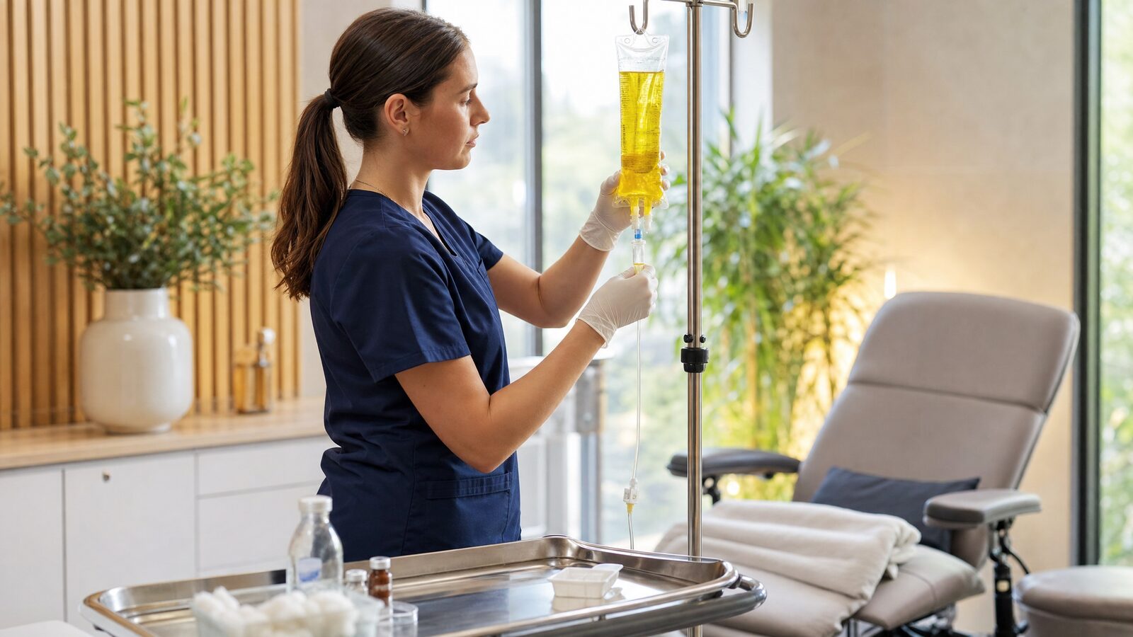 A clear IV drip bag filled with a vitamin infusion hanging beside a comfortable clinic chair