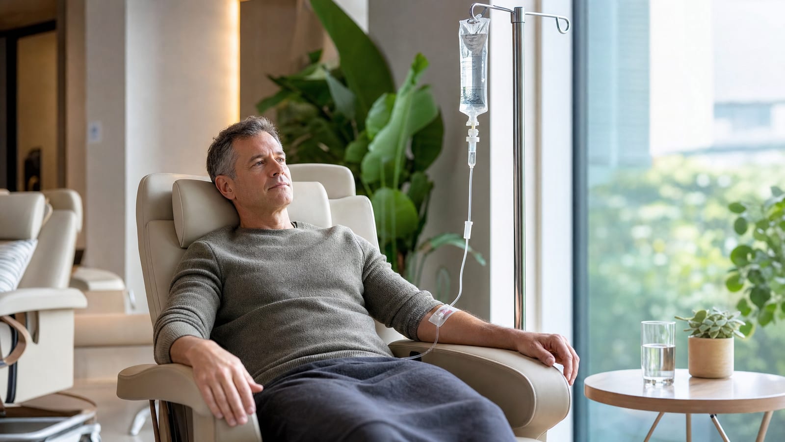 A patient relaxing in a clinic chair while receiving a NAD+ IV drip