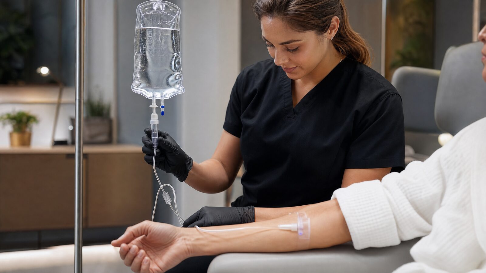 A healthcare professional administering a NAD+ IV drip infusion at a modern longevity clinic