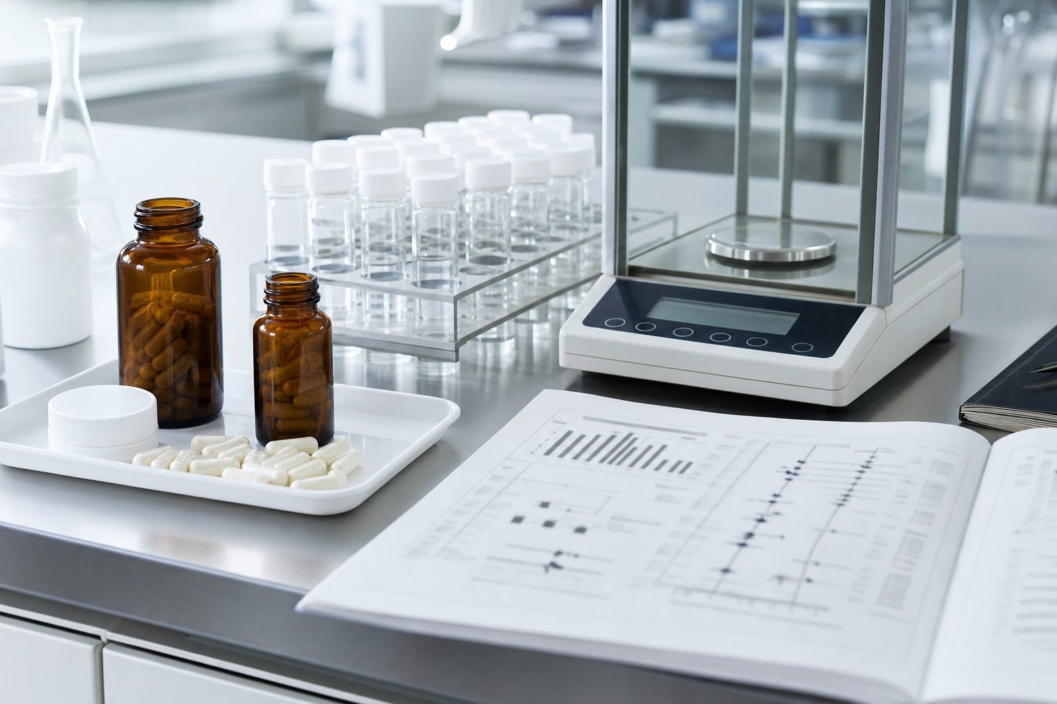 A laboratory bench with amber supplement bottles, white capsules on a tray, sample vials and an open research paper with blurred graphs