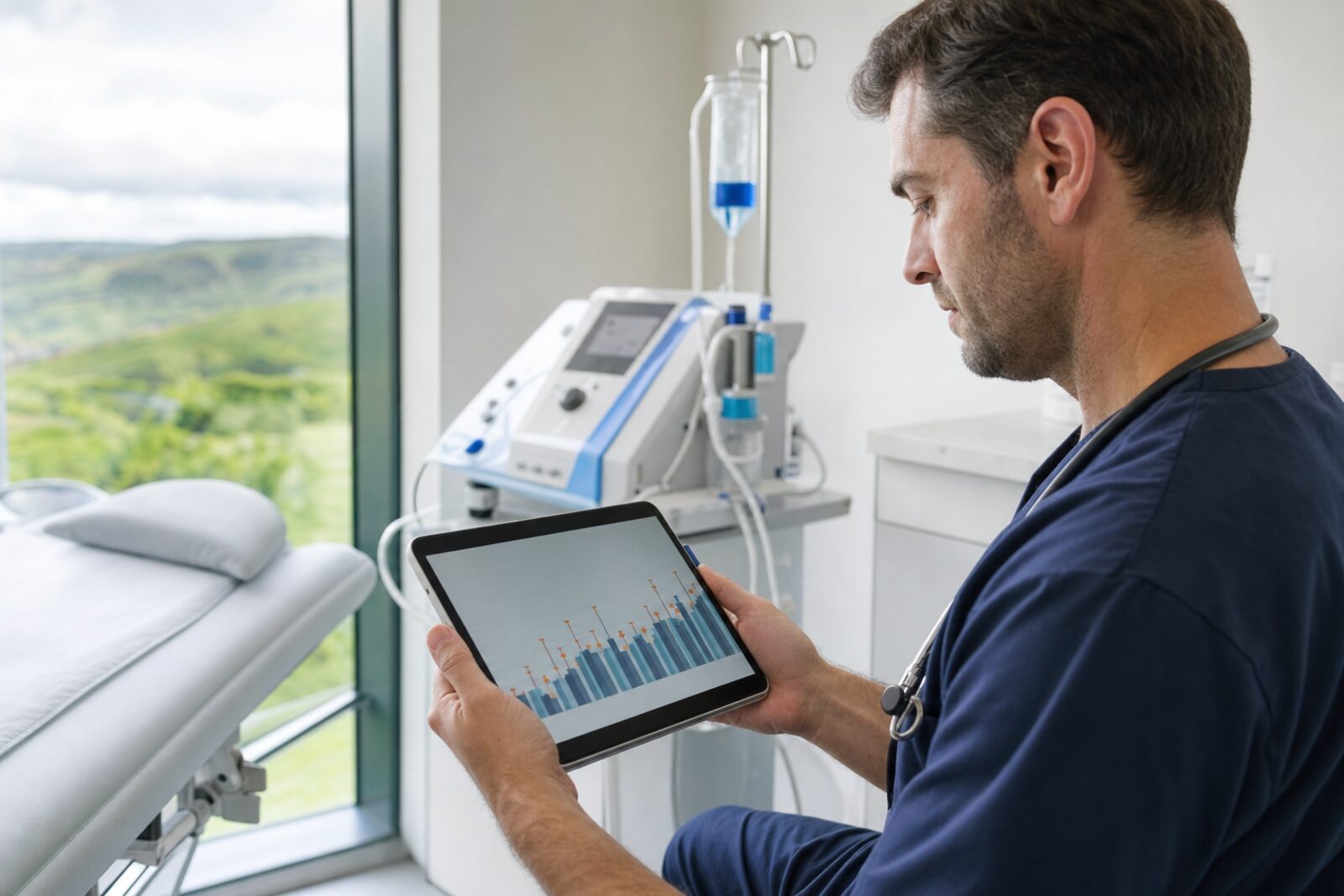 A clinician reviewing research data on a tablet in a bright modern Irish clinic, with ozone therapy equipment visible in the background