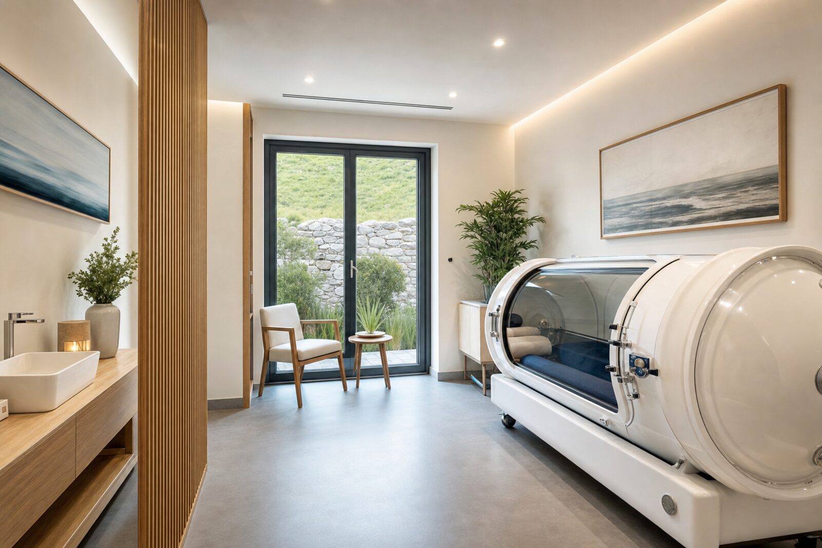 A modern Irish wellness clinic with a hyperbaric oxygen chamber and a separate treatment room