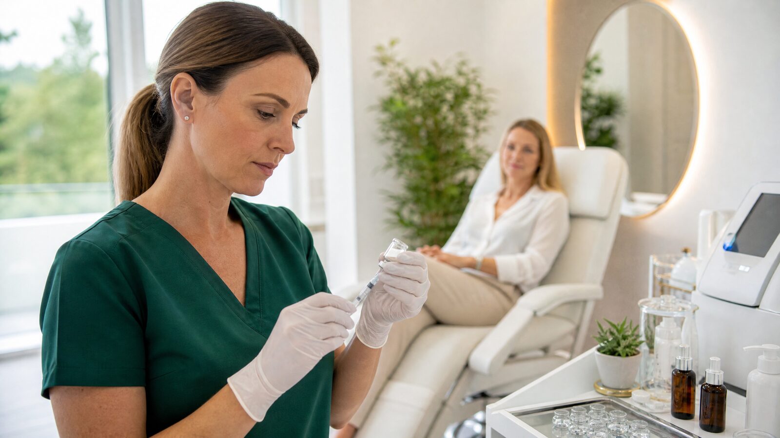 Medical professional preparing a peptide therapy injection in a modern Irish longevity clinic