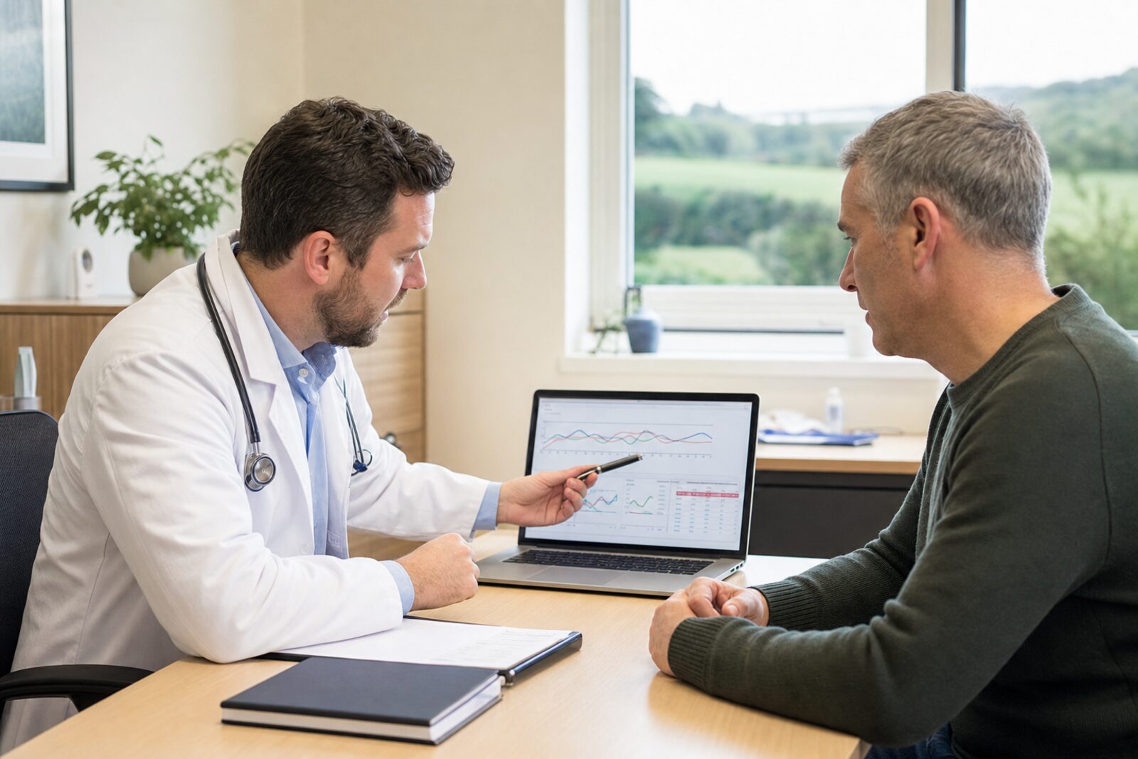 A doctor reviewing bloodwork results with a male patient in a bright Irish clinic consultation room