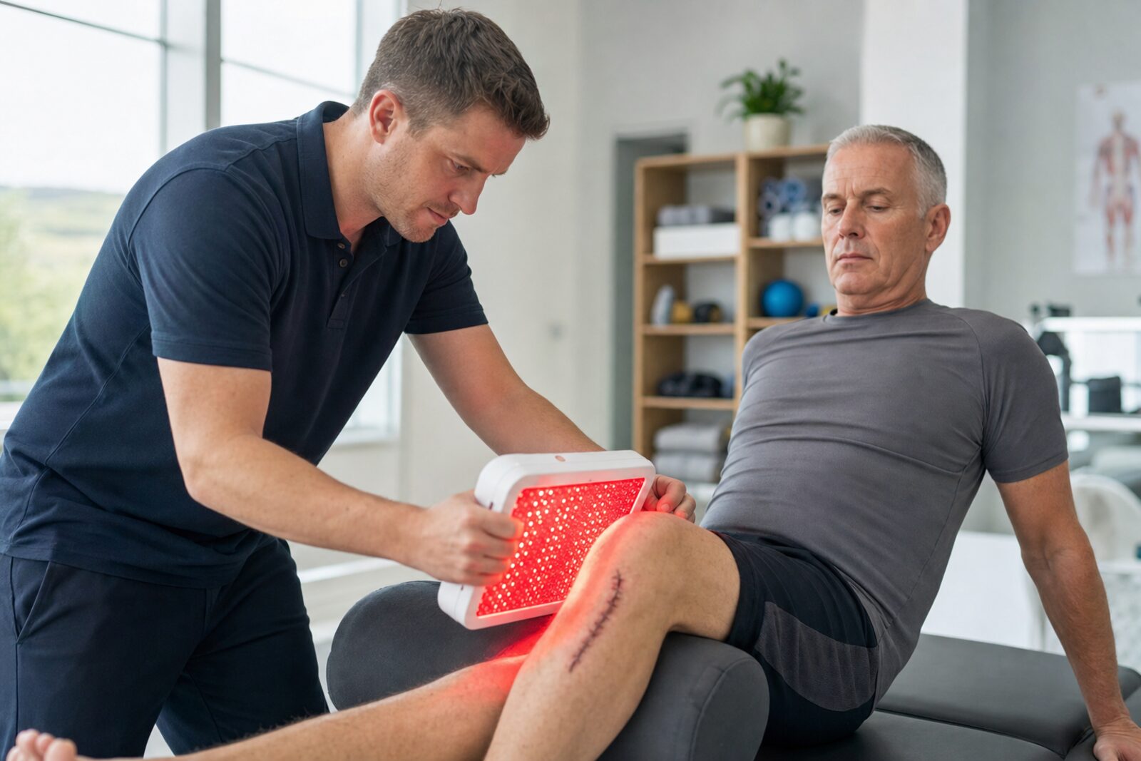A physiotherapist applying a red light therapy panel to a patient's knee during post-surgical rehabilitation