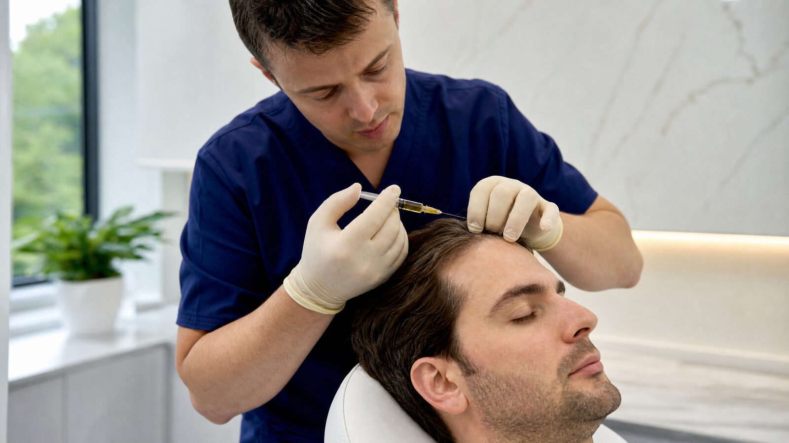 Dermatologist performing PRP scalp injection for hair restoration in an Irish clinic