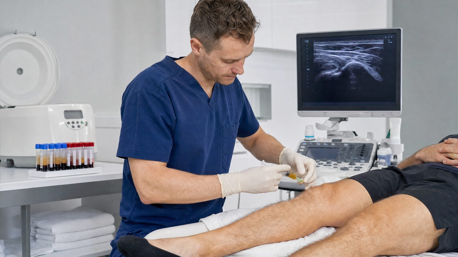 Sports medicine doctor performing a PRP injection into a patient's knee in a modern orthopaedic clinic