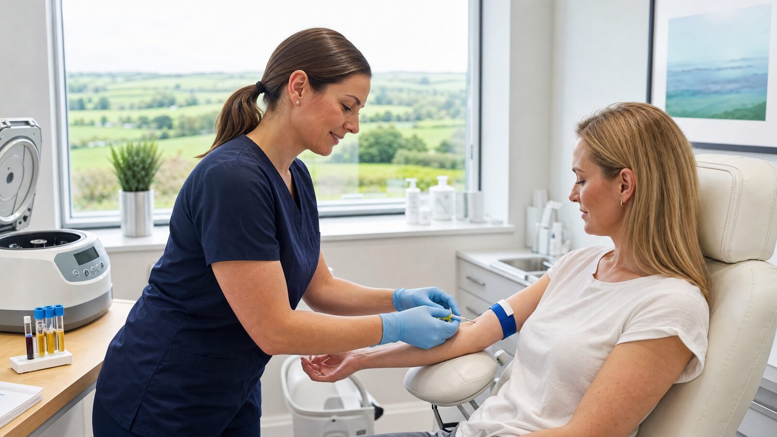 Medical professional performing PRP platelet-rich plasma therapy in a modern Irish clinic