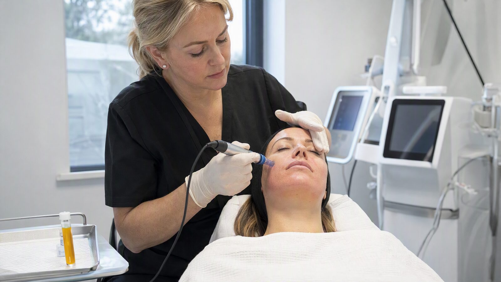 A dermatologist performing PRP microneedling treatment on a patient in an Irish skin clinic