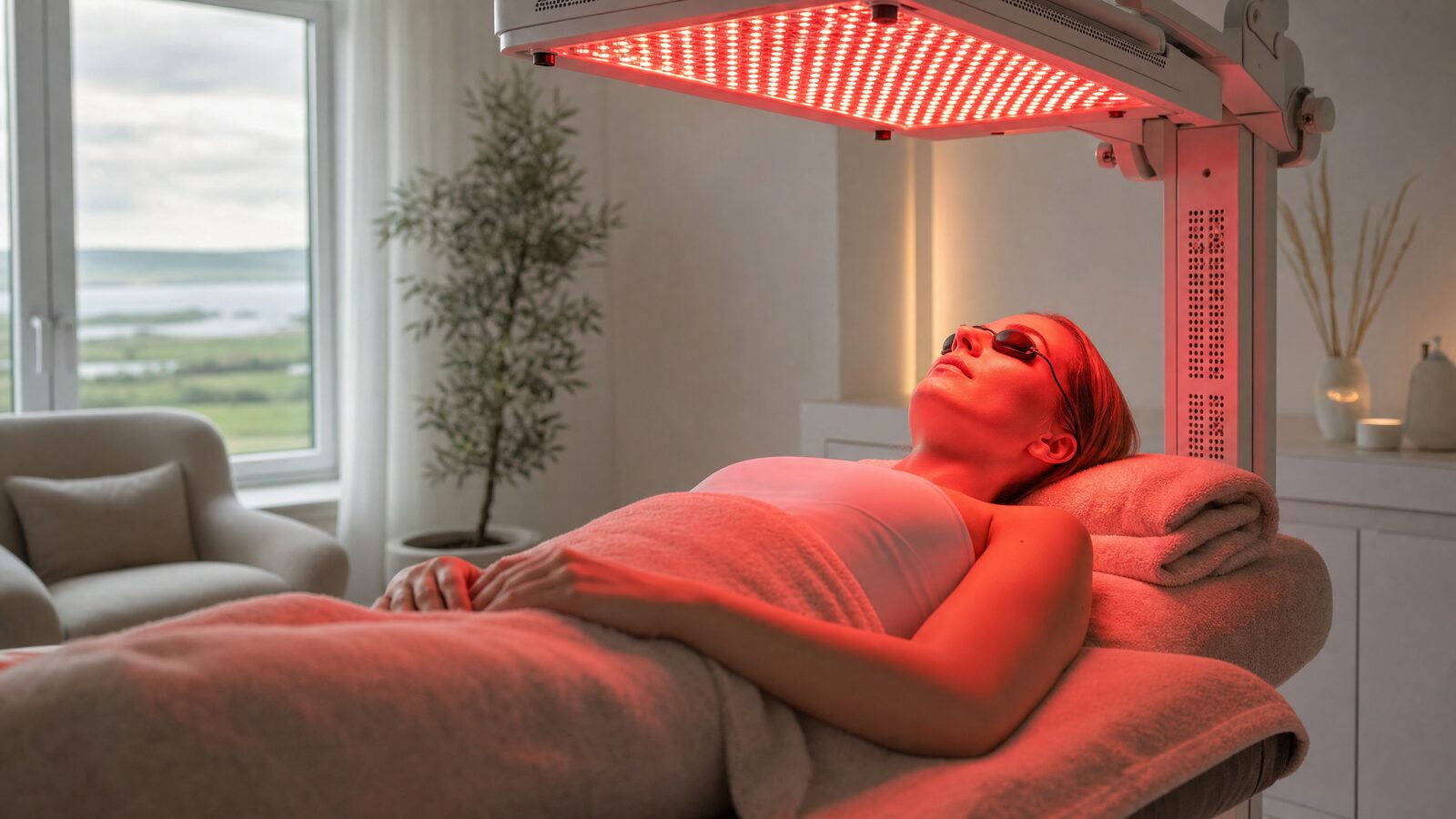A person relaxing under a large full-body red light therapy panel in a bright modern Irish wellness clinic