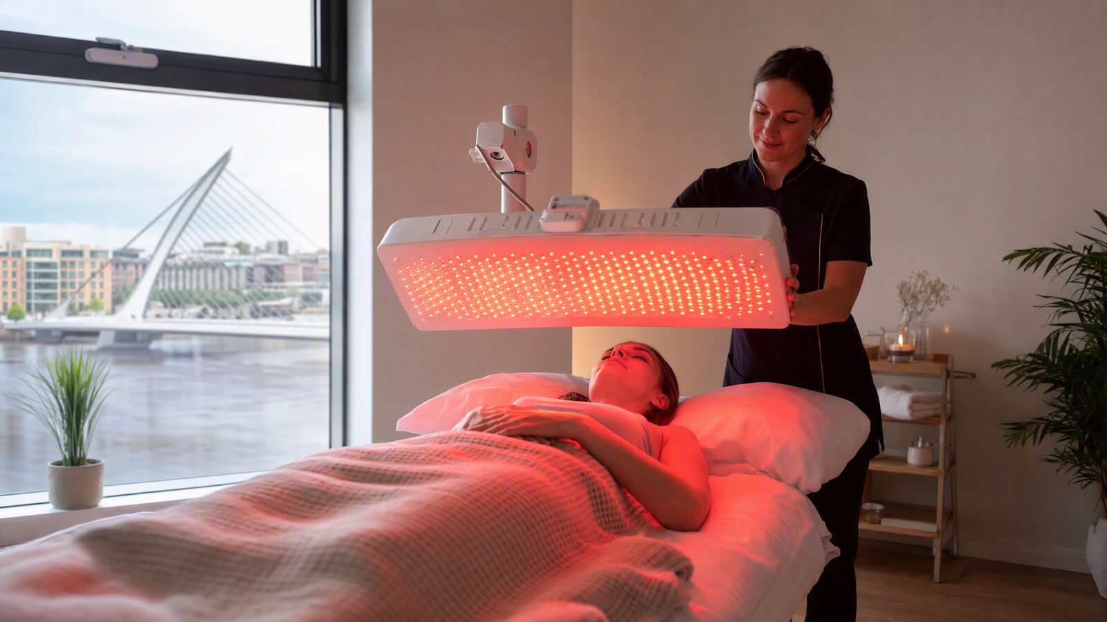 A person wearing protective goggles relaxing beside a full-body red light therapy panel in a bright Dublin wellness clinic