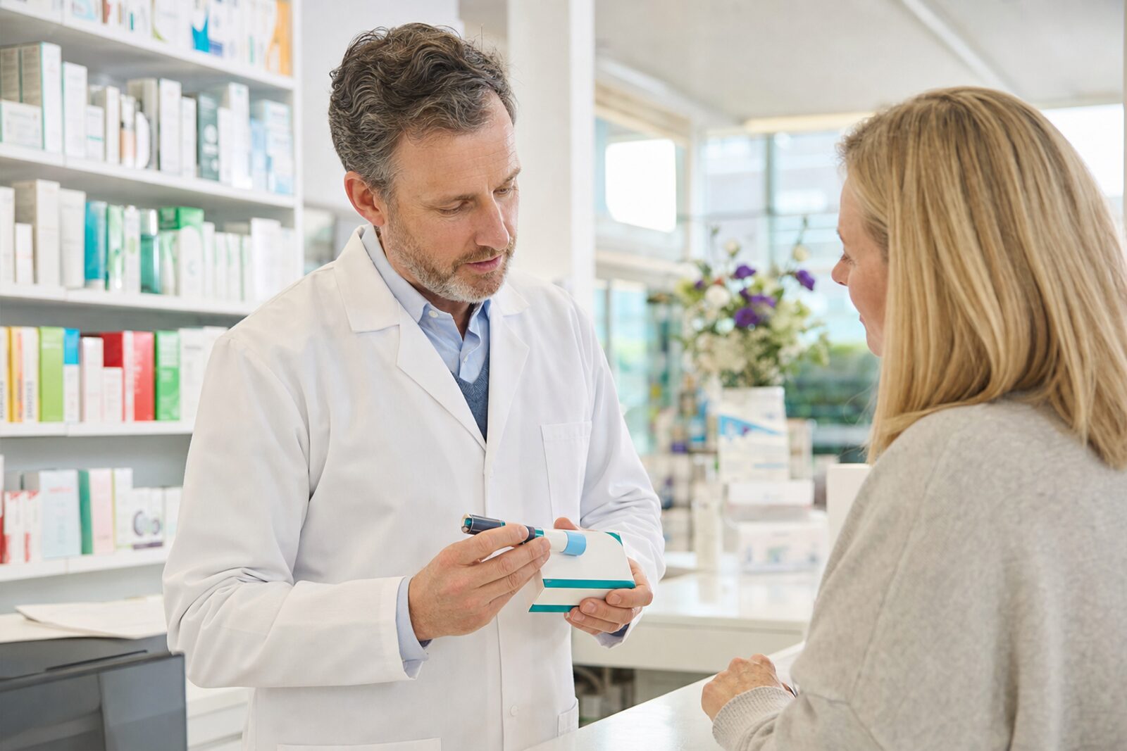 A pharmacist in a modern Irish pharmacy discussing a prescription weight-loss injection pen with a patient