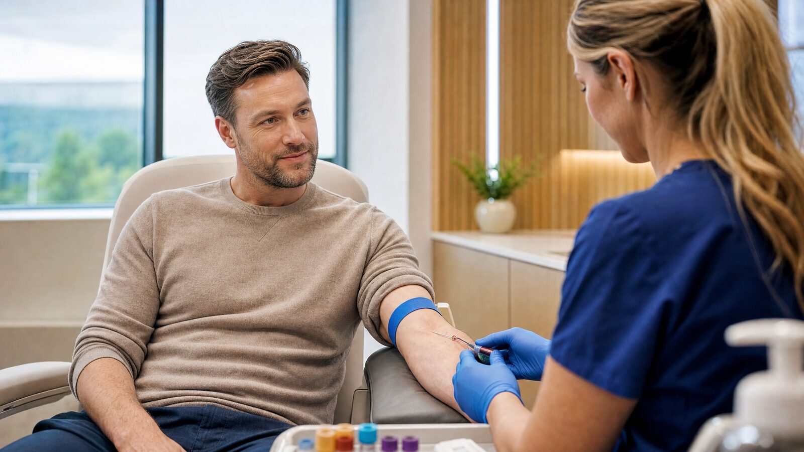 Man having a blood test at a modern wellness clinic for testosterone screening
