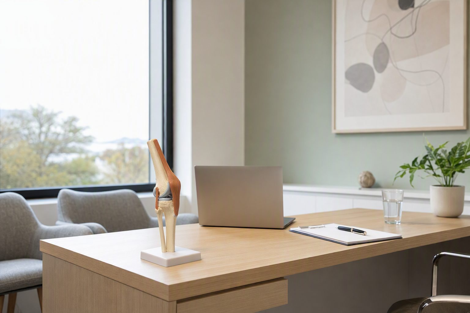 An anatomical model of a knee joint on a consultation desk in a bright modern clinic room