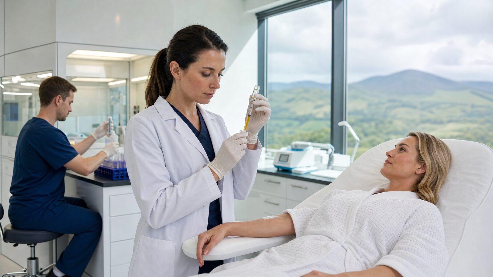 Medical professional preparing stem cell injection in a modern Irish regenerative medicine clinic