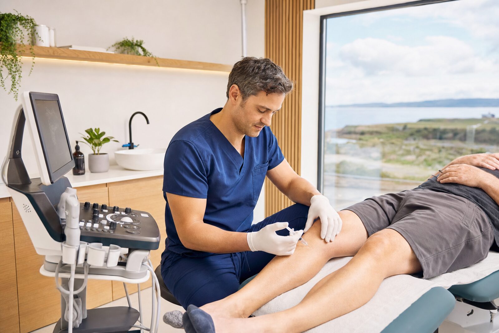 A clinician preparing an ultrasound-guided joint injection in a modern Irish regenerative medicine clinic