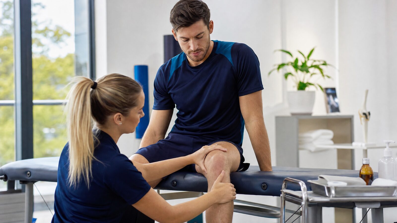Clinician treating a patient in a bright modern sports medicine clinic in Ireland