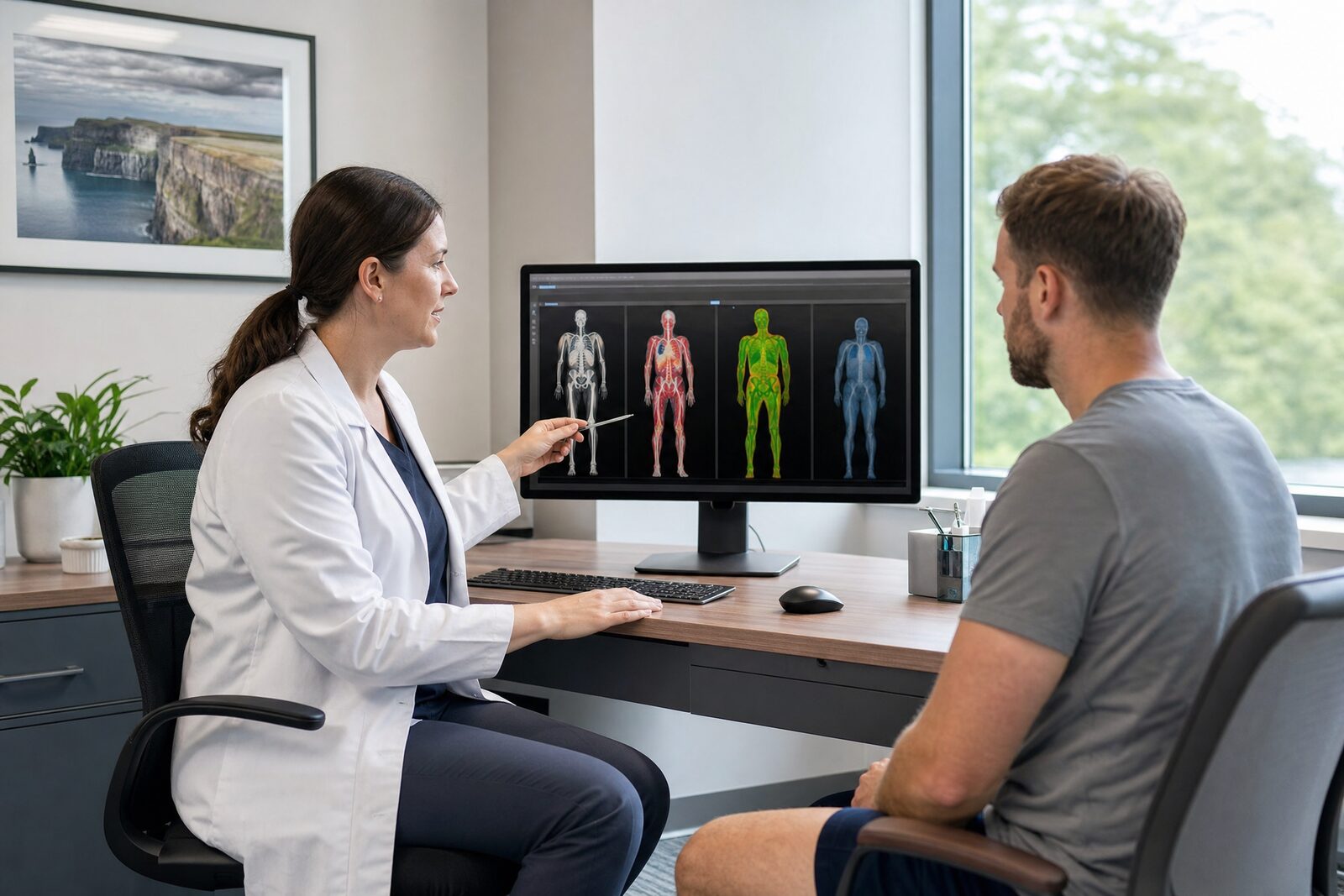 A doctor reviewing body composition results with a patient in a bright modern Irish clinic consultation room