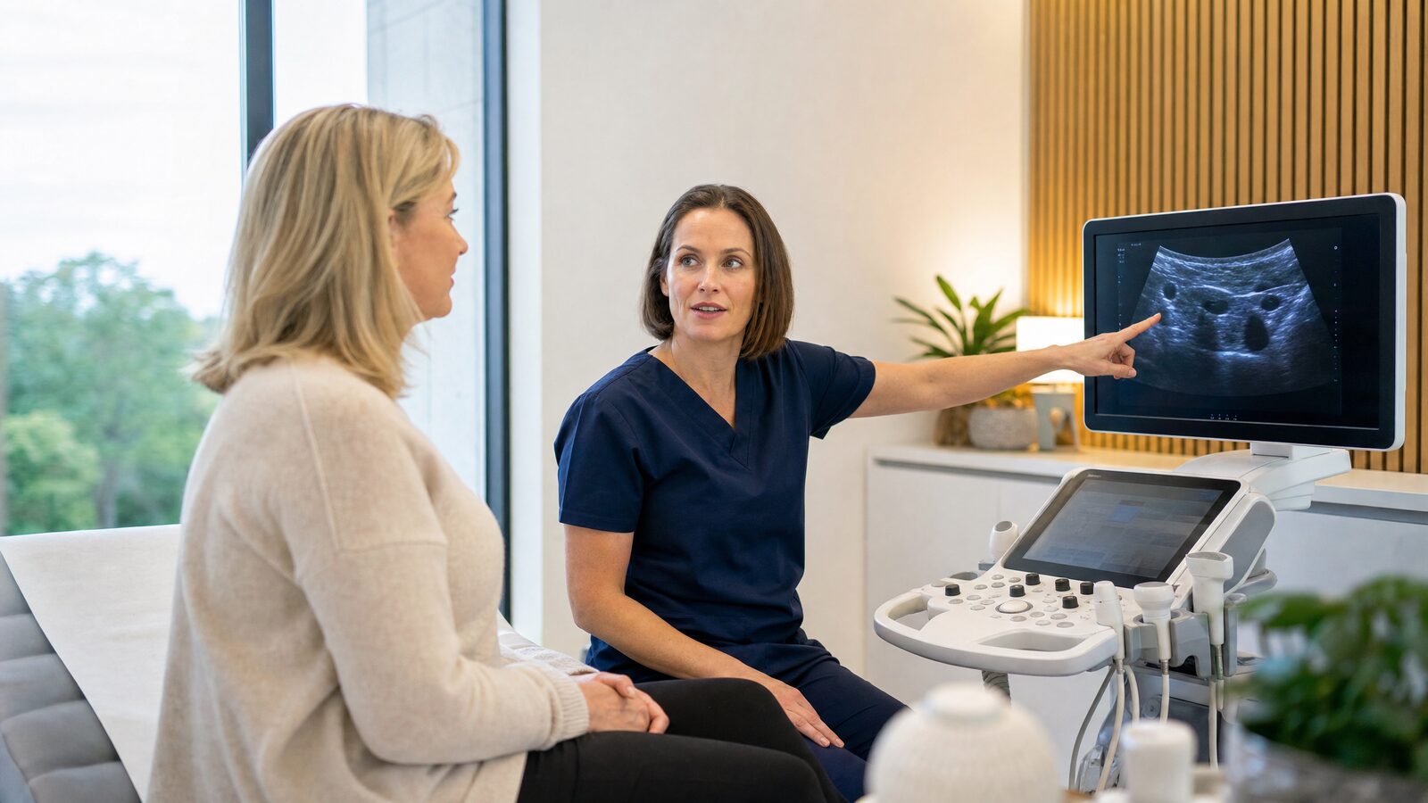 Healthcare professional reviewing thyroid test results with a patient in a modern Irish clinic